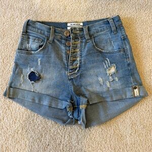 One Teaspoon Blue Distressed Button-Fly Denim Roll-Cuff Shorts